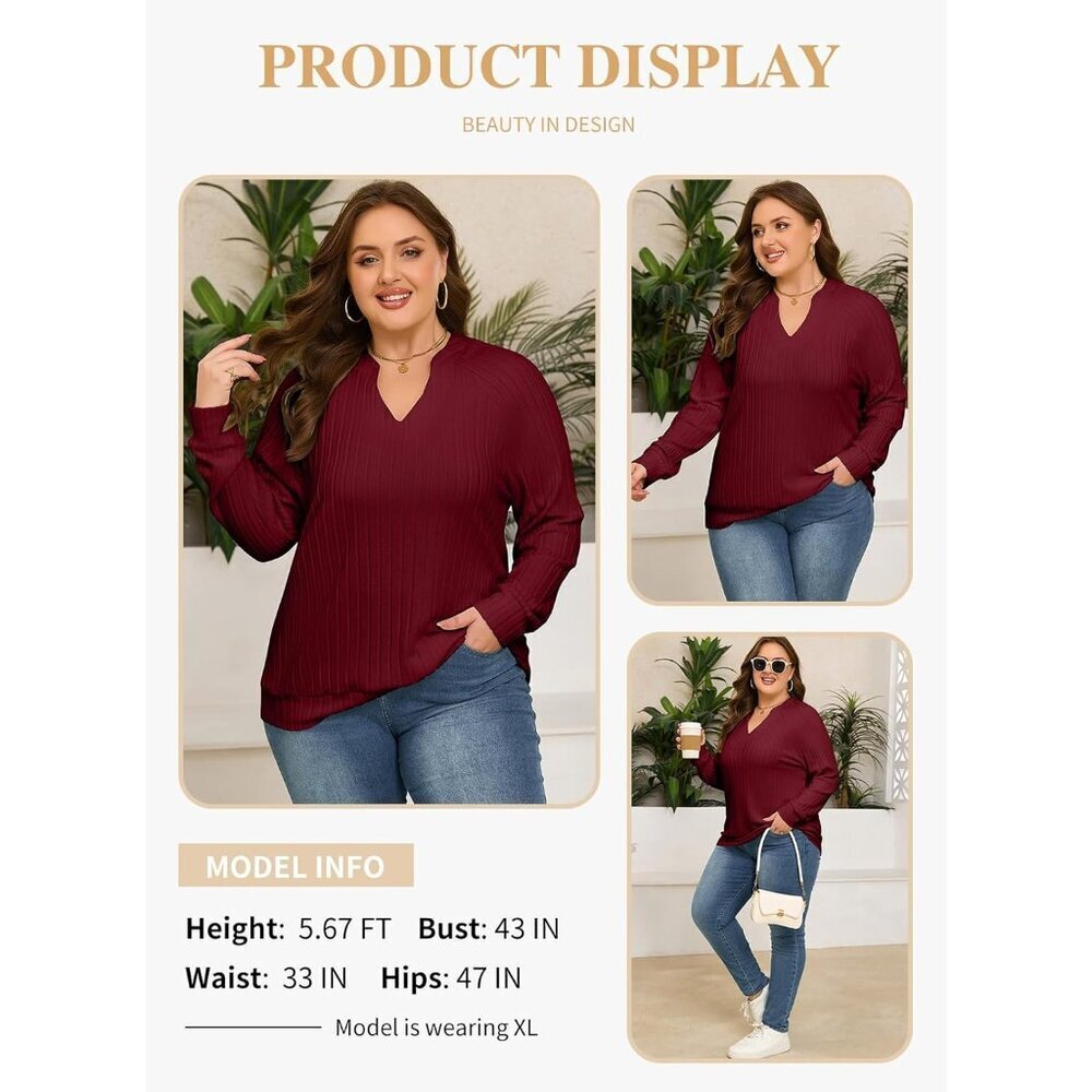 Plus Size Sweatshirts Women V Neck Long Sleeve Knit Fall Casual Comfortable - Picture 3 of 5
